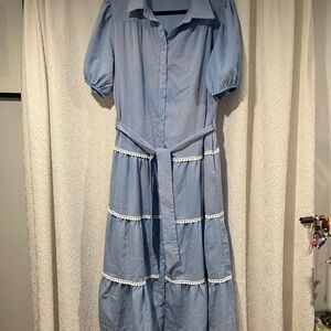 Pretty Garden Blue Belted Button Down Dress with Tiered White Details Collar XL
